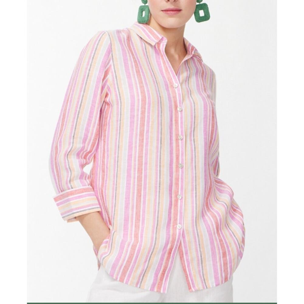 Chico's Women's No Iron 100% Linen‎ 3/4 Sleeve Striped Shirt Size 2 Large Multi